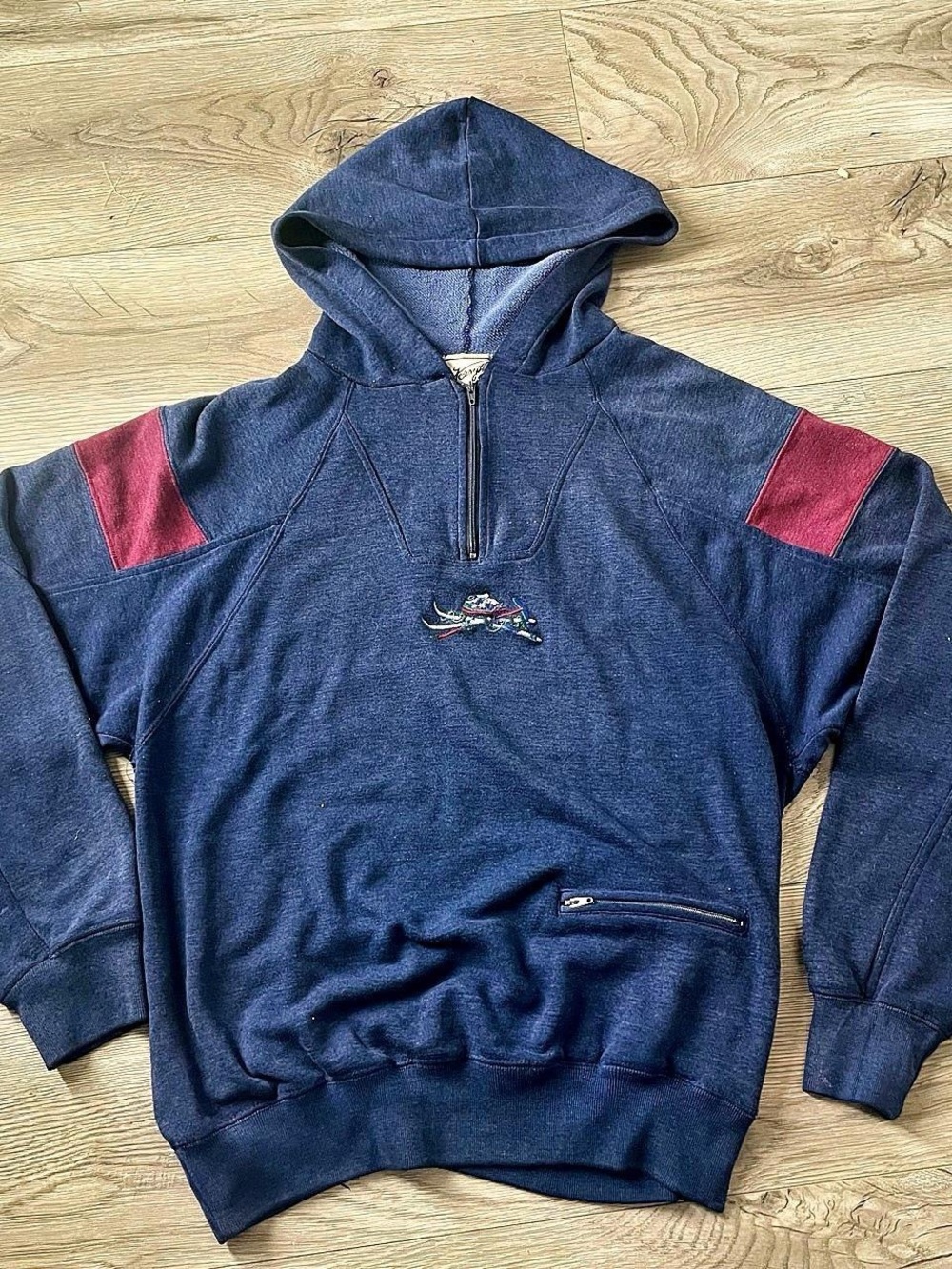 Vintage Navy Hoodie Sweatshirt with Red Shoulder Panels